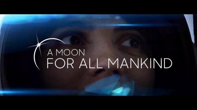 close up shot of an astronaut's face in a helmet with the text 'a moon for all mankind' in the centre