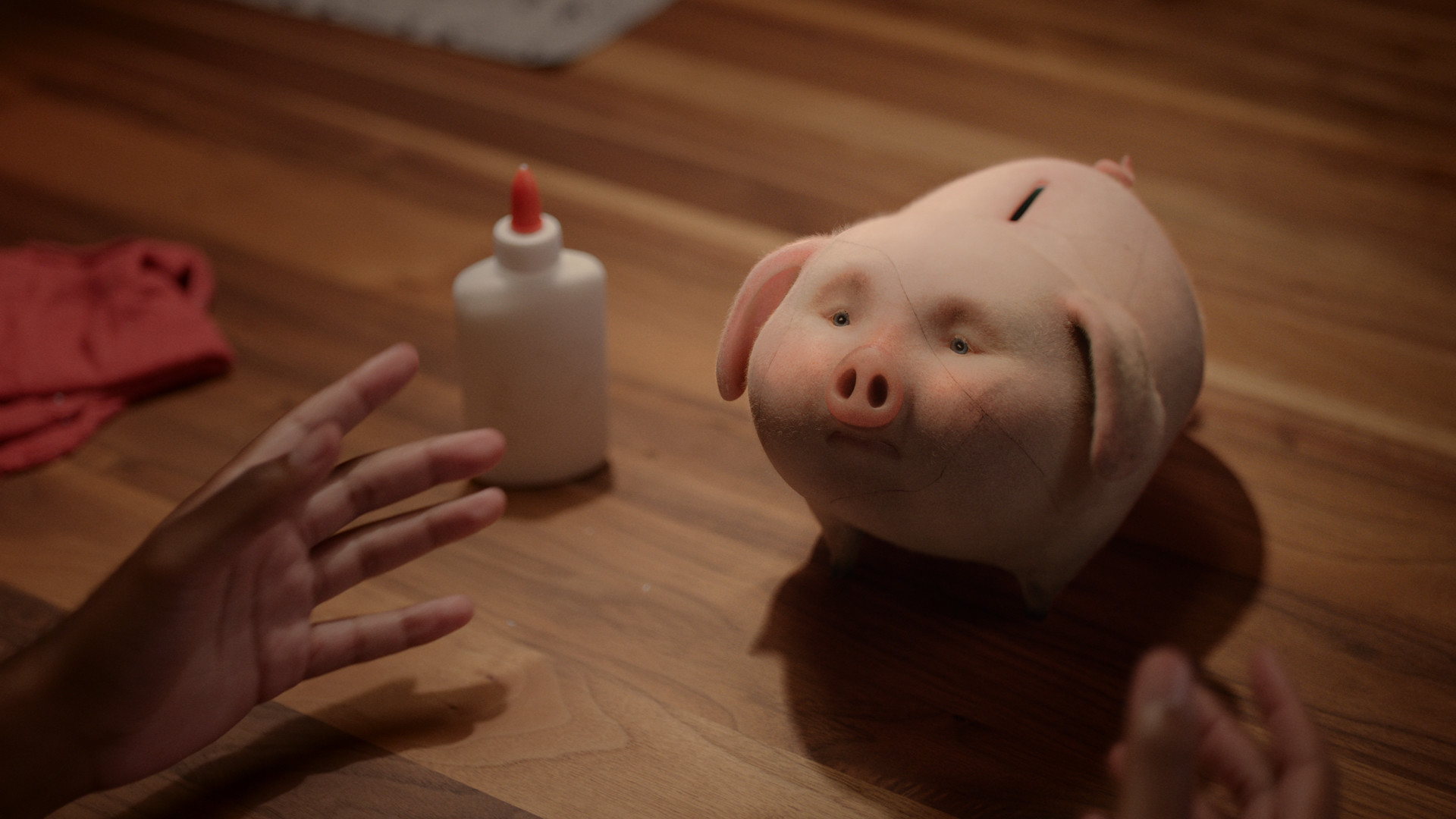 cg animated photo realistic piggy bank that has been glued back together
