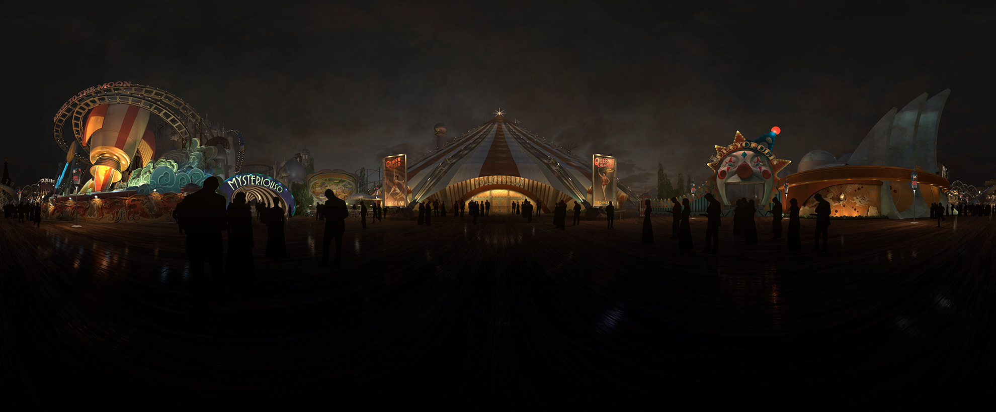 Concept art of the fairground, DreamLand, lit up at night time