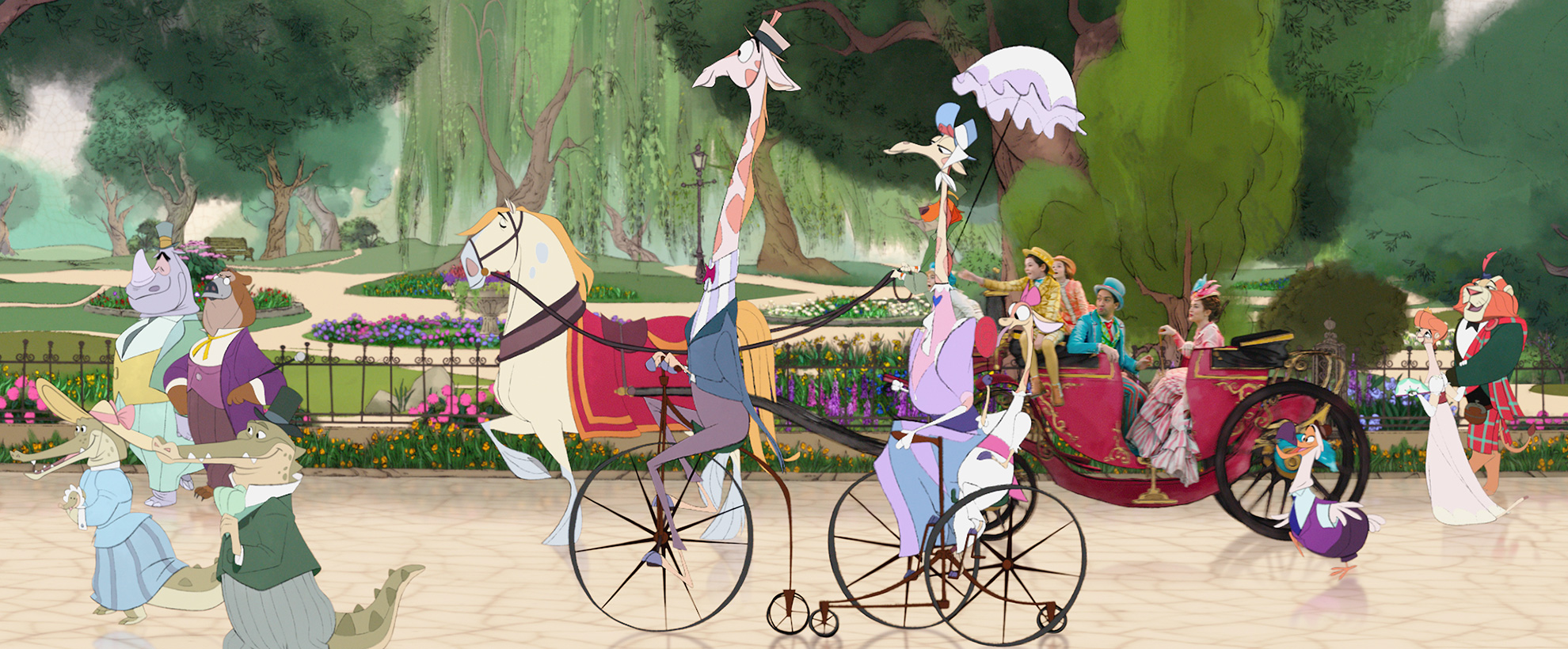 Mary Poppins, Bert, and the Banks Children in a carriage pulled by cartoon animals