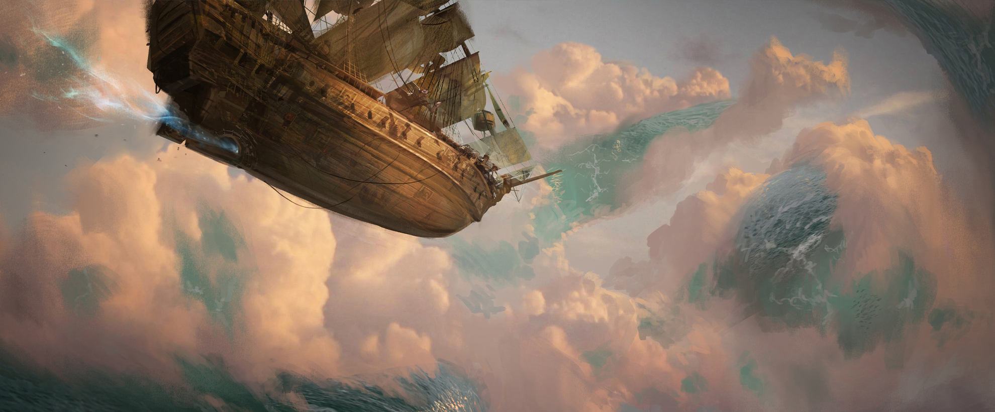 Concept art showing a flying pirate ship against pink and orange tinted clouds