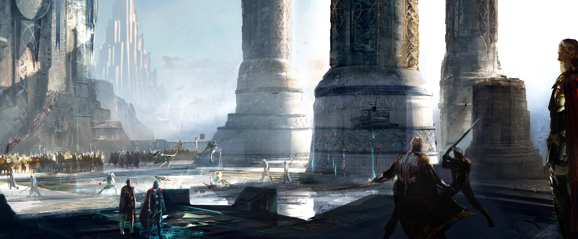 Concept art of Asgard's city, with large ornate pillars