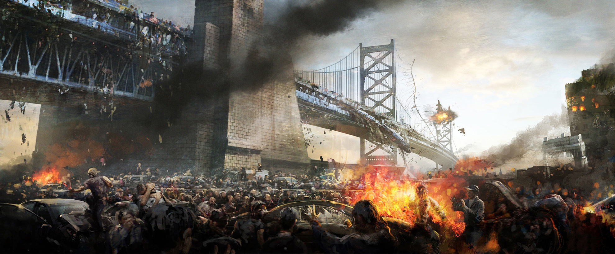 Concept art from World War Z showing a huge brawl underneath a part demolished bridge