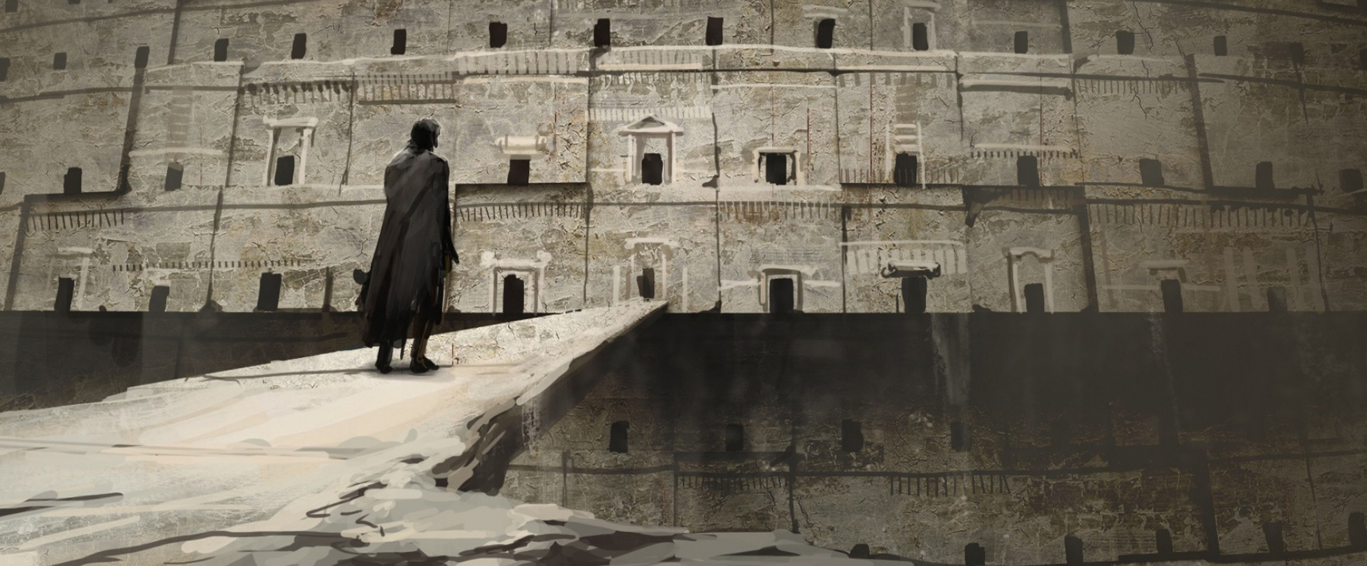 Concept art for the wrath of the titans, a man dressed all in black approaches a large stone building with lots of layers and small windows