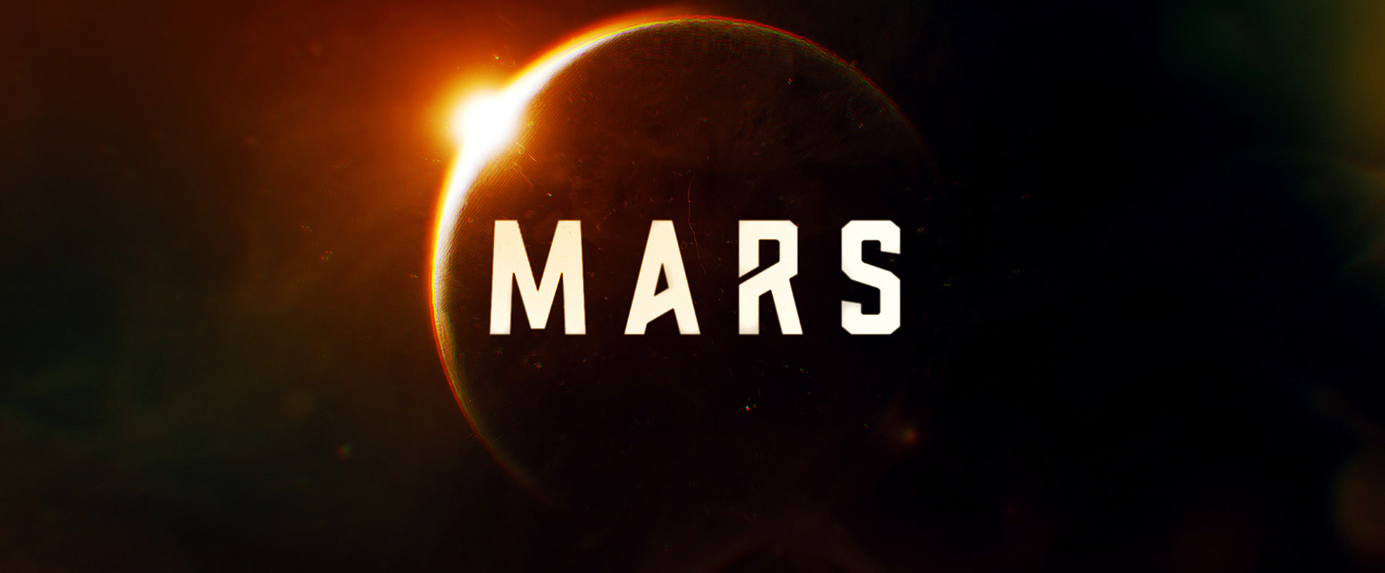 The sun peeks out behind a planet with 'MARS' in light text