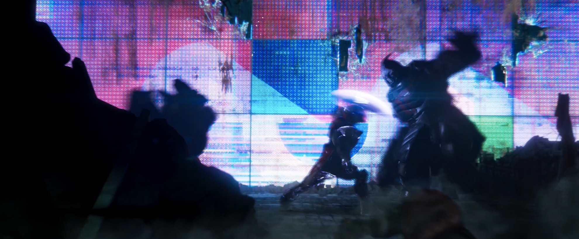 Futuristic soldiers battle in front of a broken digital screen 