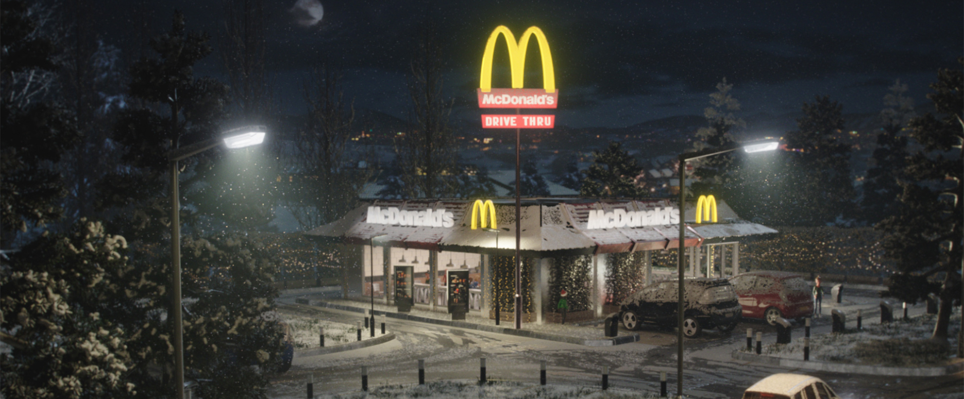 McDonald's restaurant on a snowy night