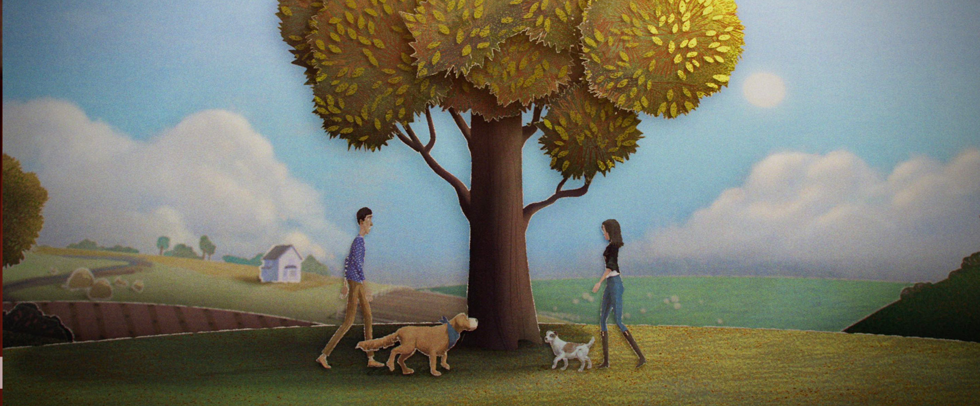 An animated woman and man walk their dogs in the grass under a tree