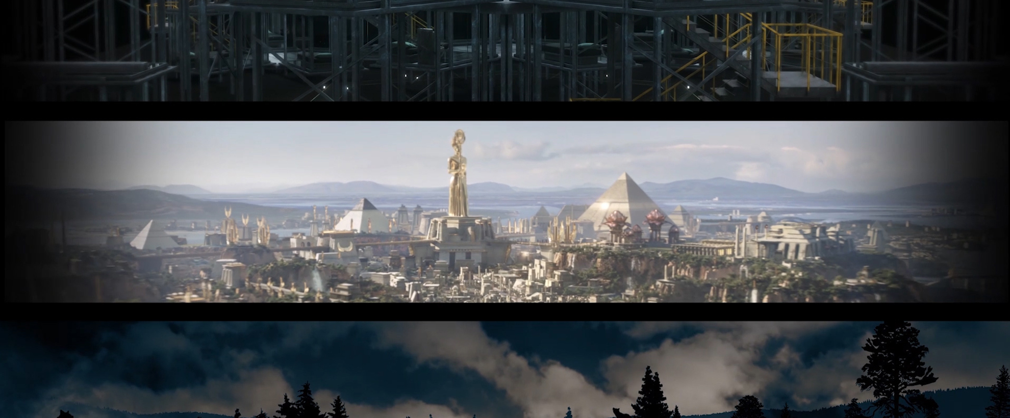 A split of three images, the top being a industrial warehouse with pipes and ladders. The middle section is a futuristic city with golden pyramids and statues. The bottom shows a grey sky with the outline of trees in front.  