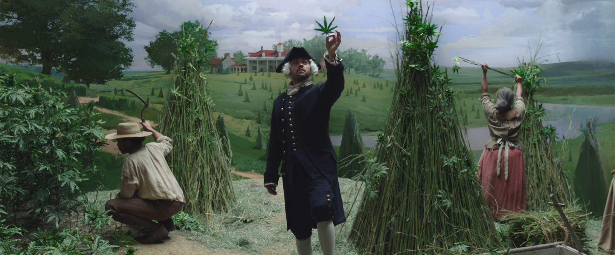 A man in period clothing holding a plant whilst others tend to tall green plants
