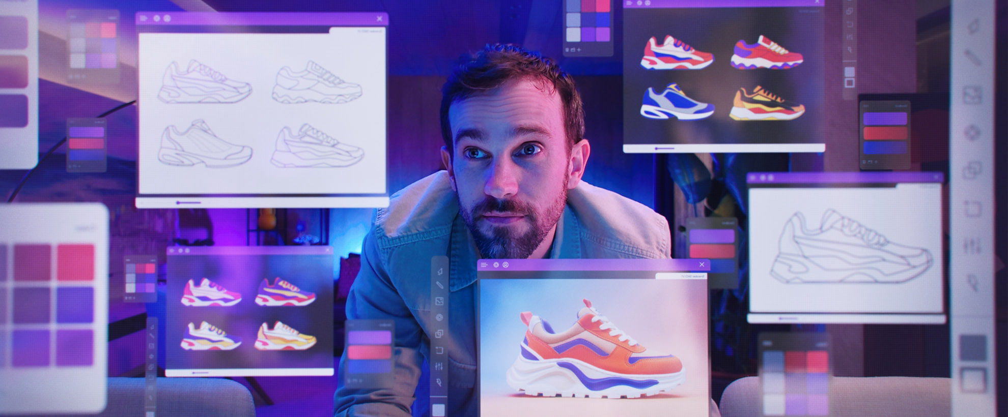 A man surrounded by virtual screens with shoe designs on the screens