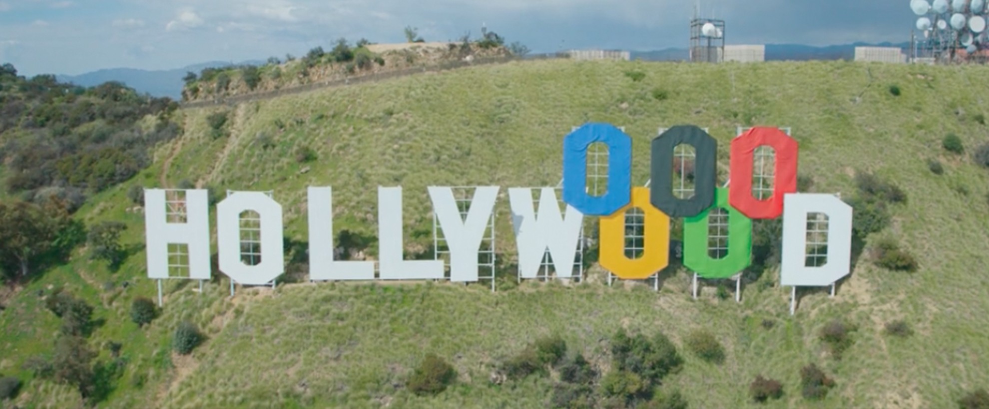 The Hollywood sign with the O's as the Olympic rings