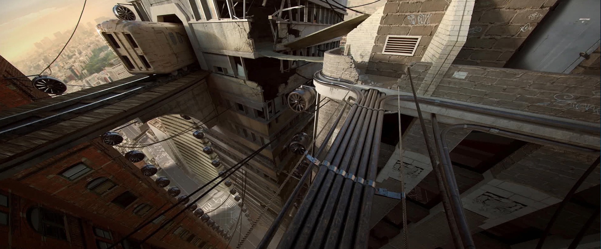 A point of view shot from atop a large, run town building. There are several other run town buildings in proximity