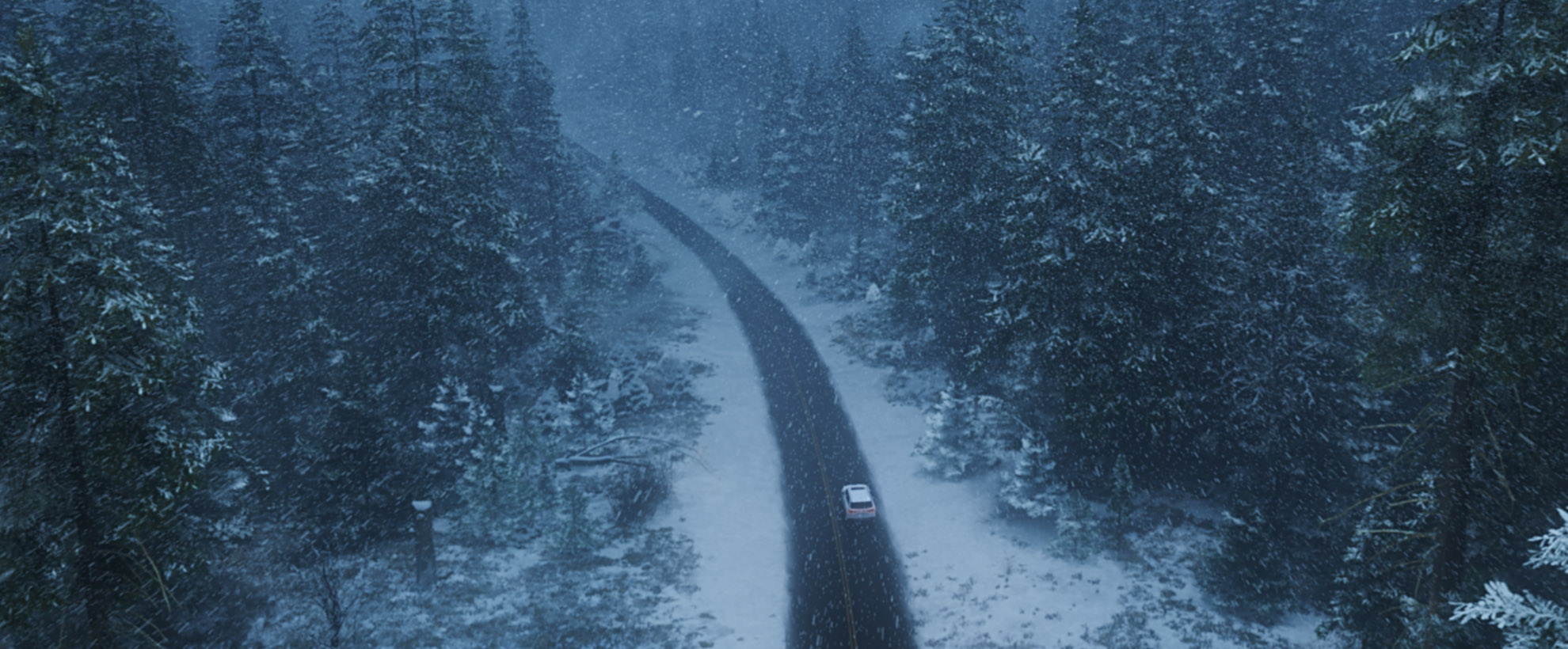 A Lexus SUV drives through a snowy winter environment which was brought to life by Unreal Engine