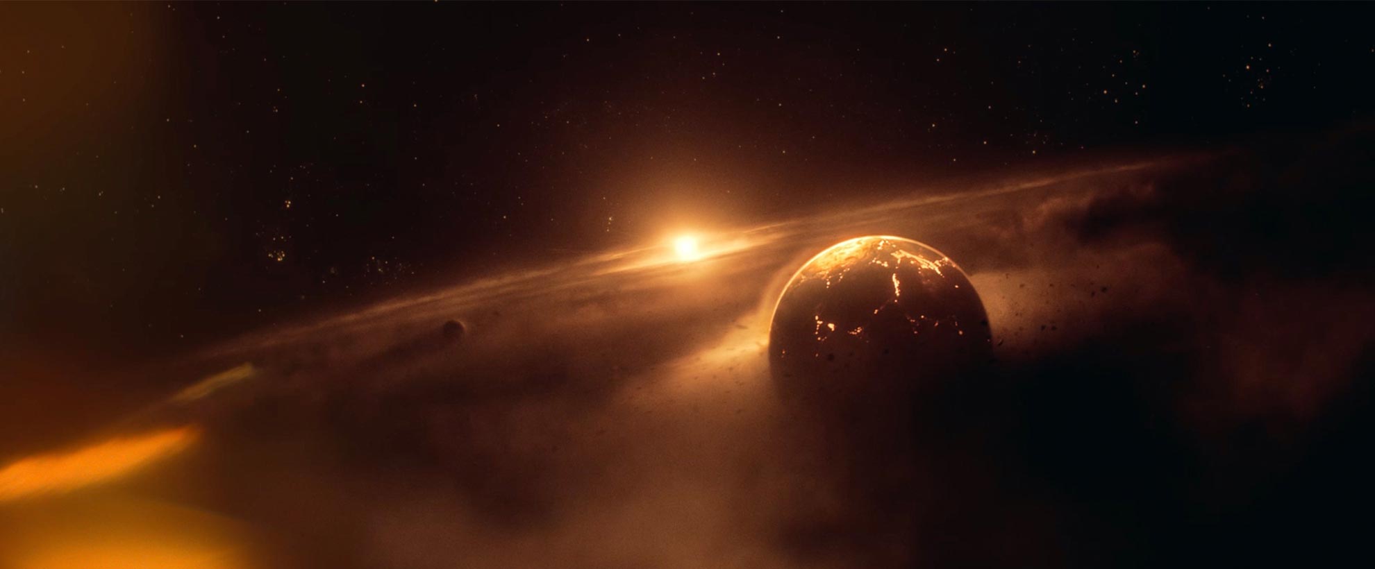 A scene in space, looking past a planet surrounded by clouds, all tinted in orange, with a distant sun shining through