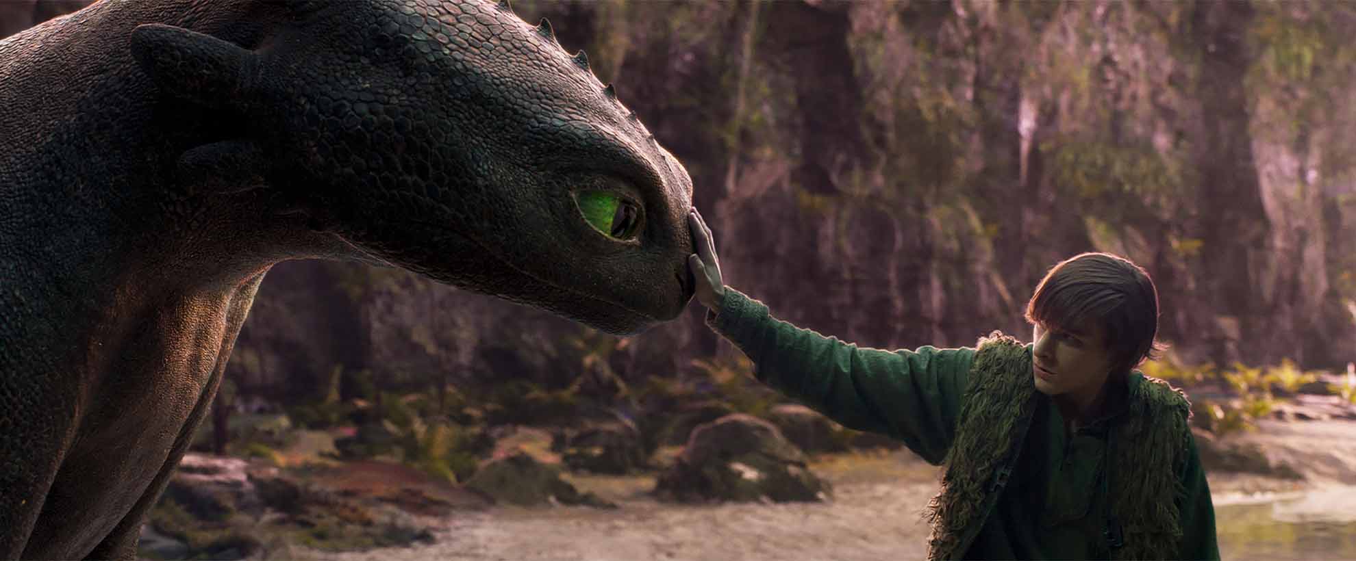 Hiccup reaches out to a CG Toothless in the new How to train your dragon live action film