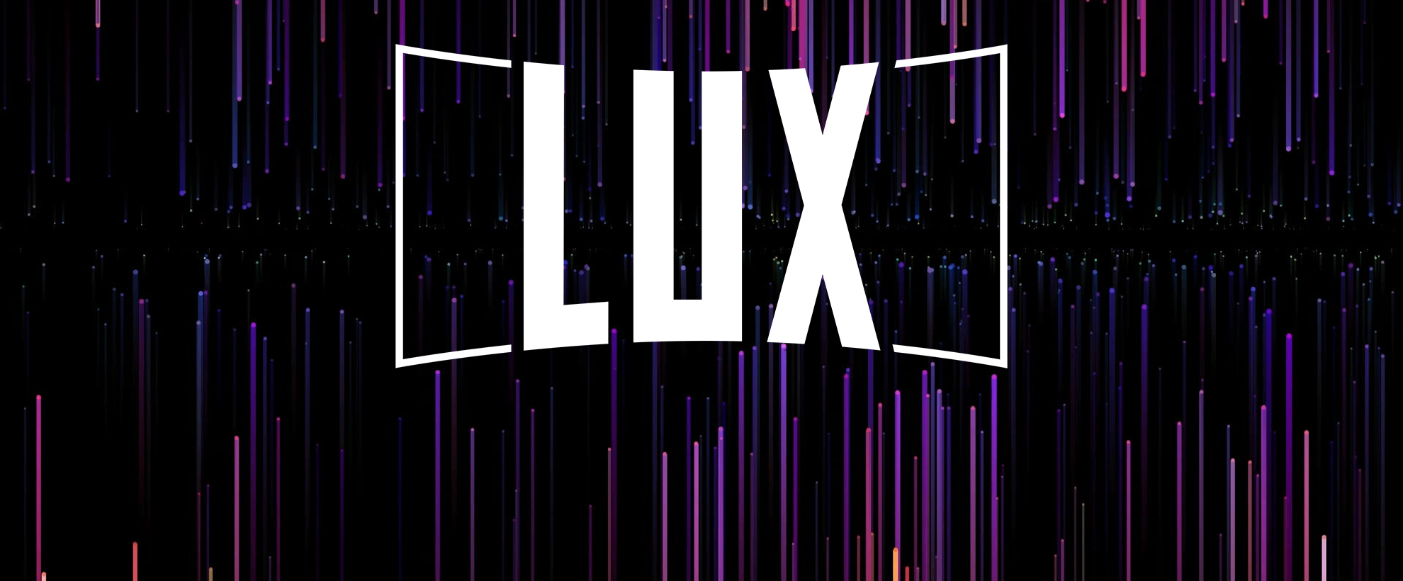 Black with pink and purple drips coming from the top and bottom behind a white Lux Digital Signage logo.