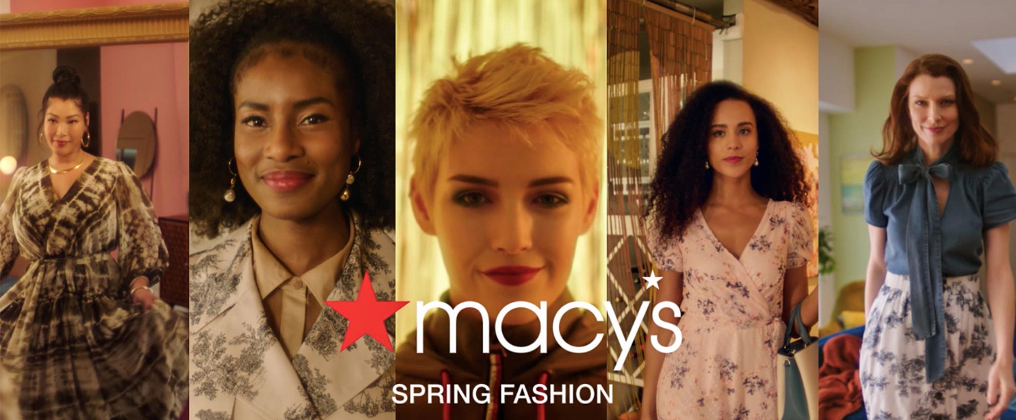 Five different women in split screens, advertising Macy's spring fashion collection