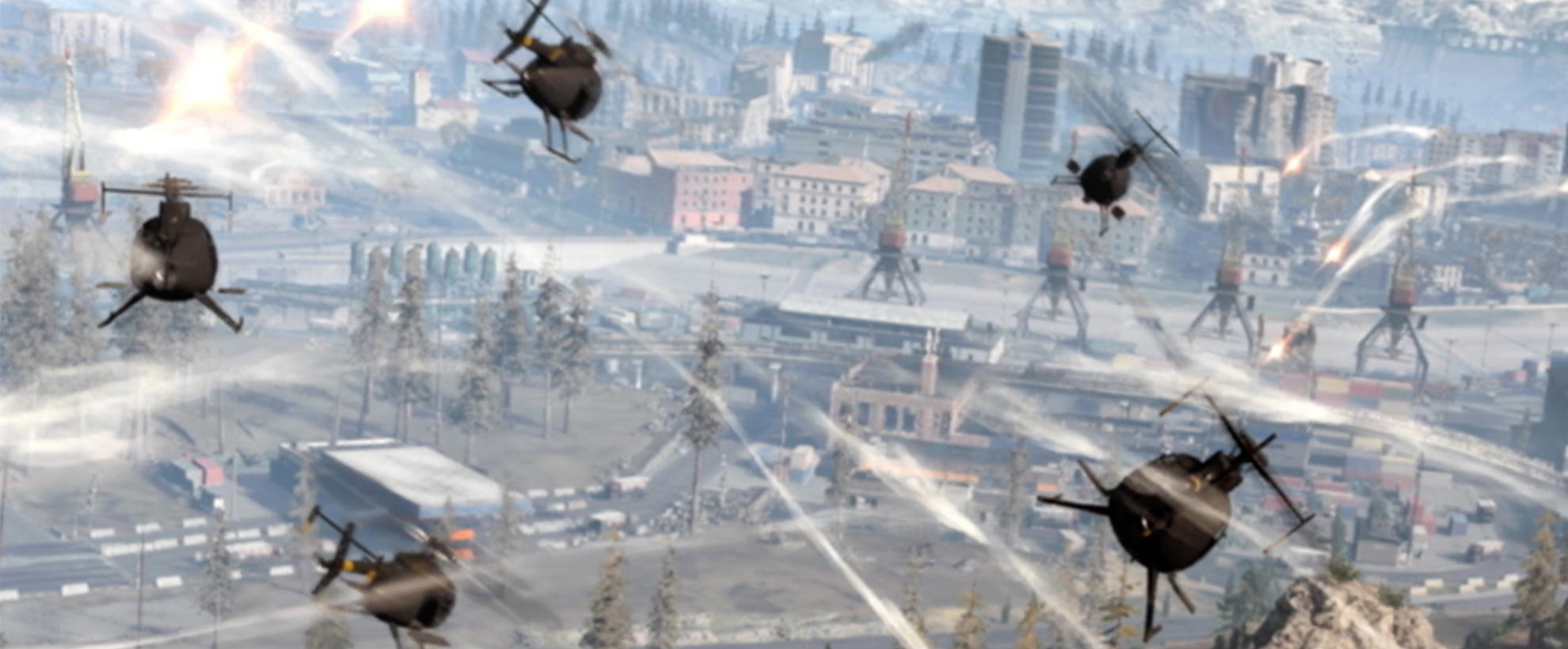 CGI helicopters flying over buildings 