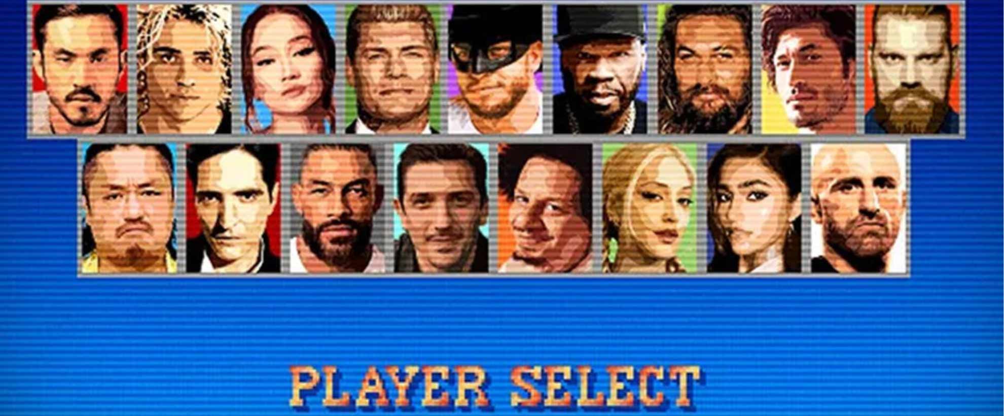 A retro graphic with a collage of headshots of the case of Street Fighter