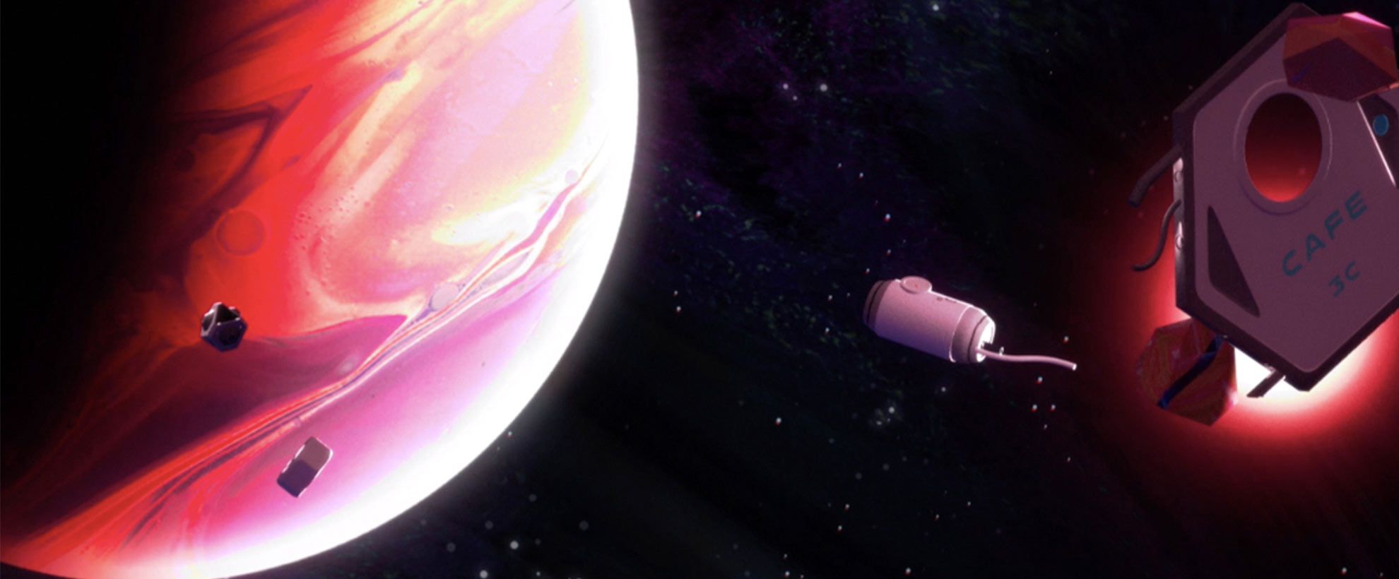 CGI stylised pink and red outer space scene