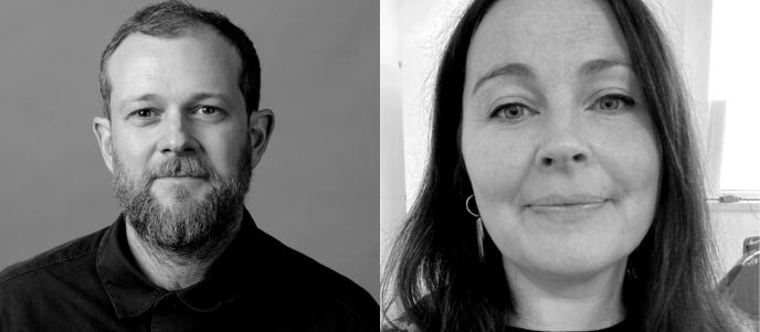 Two black and white headshots of a man and a woman. 