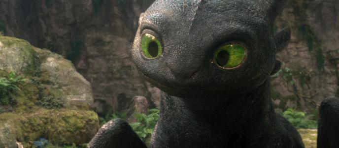 Photo-real CGI Toothless from How To Train Your Dragon cocking his head with curiosity. 