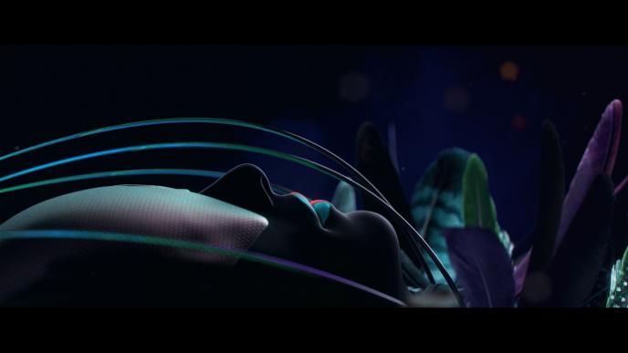 close up shot of character face while they are laying