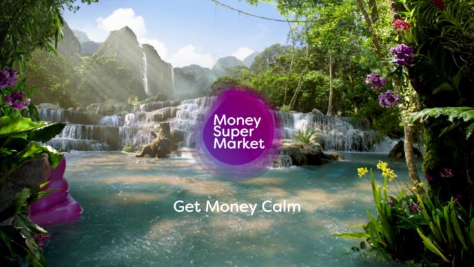 'moneysupermarket' logo in the centre of the image with 'get money calm' text at the bottom. there is a bear sitting with its back against rocks by a waterfall in the background