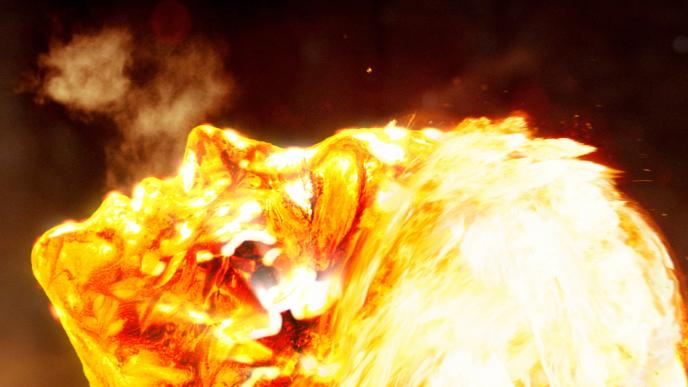 animated head looking up that is made out of flames