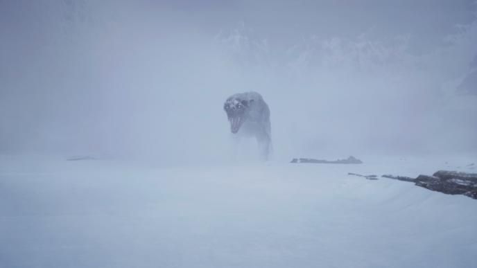 a zombified bear from game of thrones in the distance looks aggressively onwards