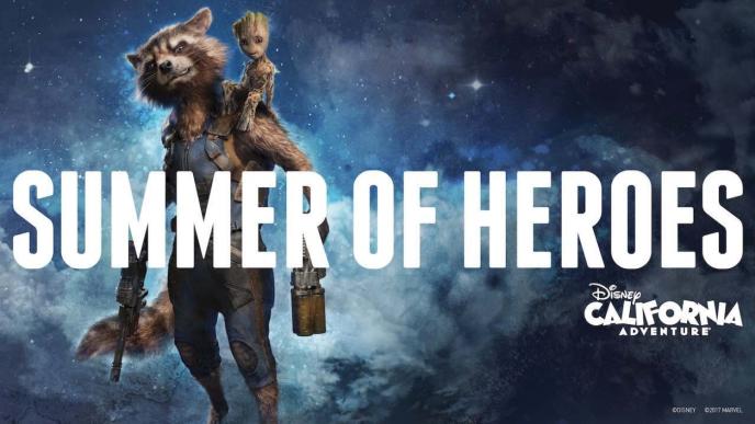 guardians of the galaxy characters, rocket and groot, standing behind text 'summer of heroes'. there is 'disney california adventure' branding in the bottom right corner