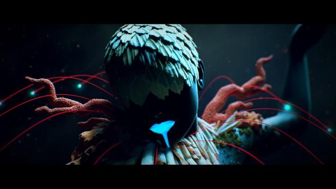 animated face and shoulders of a character with leaf like hair that covers their face. they have neon blue illuminescent lips with a stripe down the middle of their chin