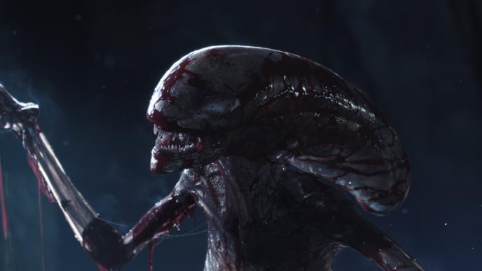 close up of a xenomorph covered in blood and fluids