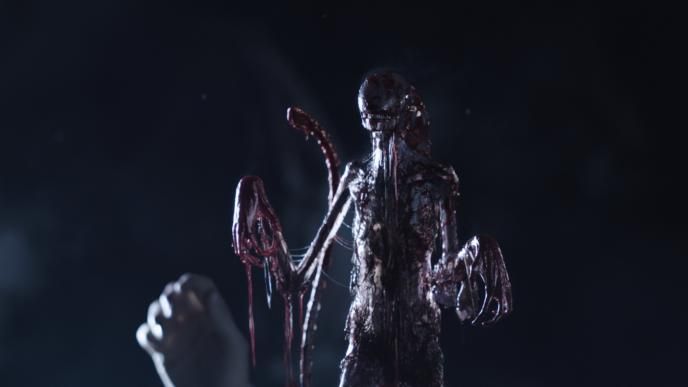 a chestburster xenomorph covered in blood and slimey fluids standing