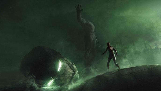 spider-man cautiously looking at the severed head and body of a giant iron man. a giant iron man head is on the left and the rest of his body is standing with his right arm up. green mist surrounds the area