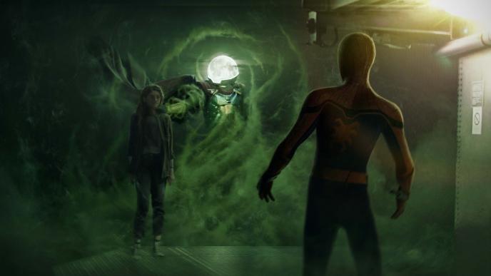 a full moon headed mysterio surrounded in green mist holding up mj by the neck as spider-man looks on