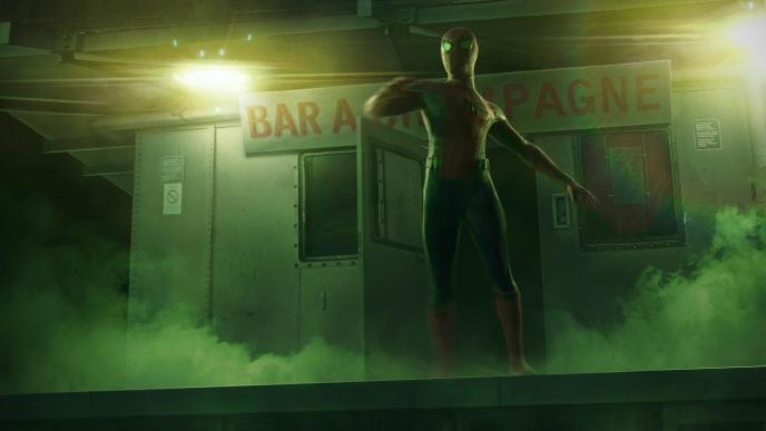spider-man about to fall off the edge of a room that has a shop banner with text that reads 'bar a champagne'