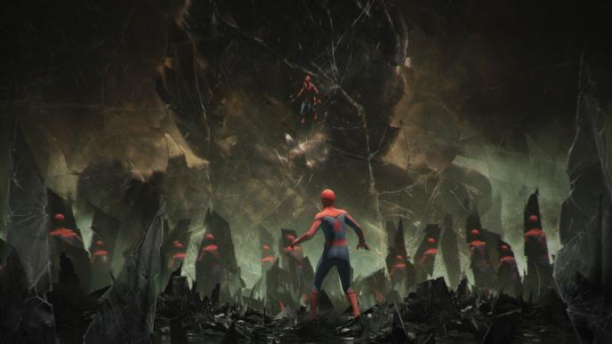 back view of spider-man standing amongst broken shard looking up at a giant broken mirror that has a mysterio silhoutte