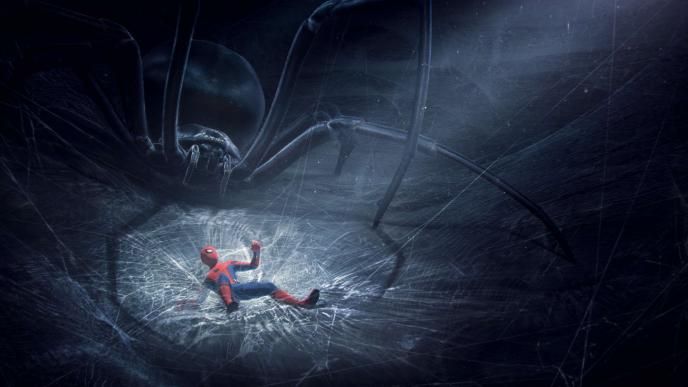 spider-man caught up laying in a spider web as a giant spider approaches him. they are in a giant spider web layer with tunnels around the background