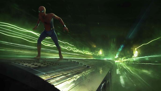 spider-man on top of a moving train. long exposure photography effects fly by the sides
