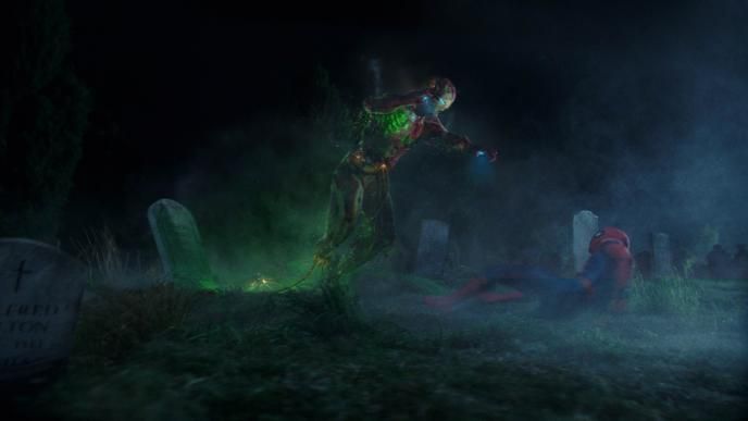 spider-man fallen to the ground looking up at a zombified iron man coming out of a grave in a misty graveyard