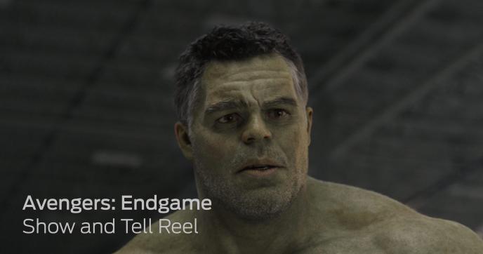 cg animated face of smart hulk with text 'avengers: endgame show and tell reel' in the bottom right corner