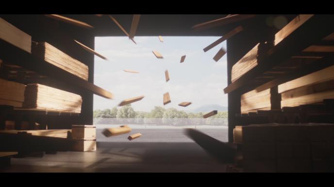 inside perspective of cg animated board slats flying into a warehouse