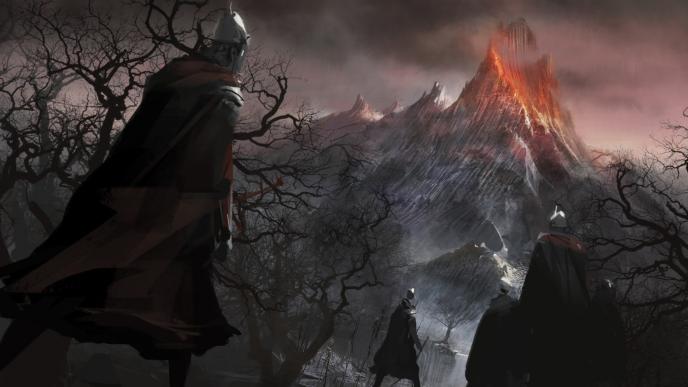 back view of medieval soldiers walking towards a mountain
