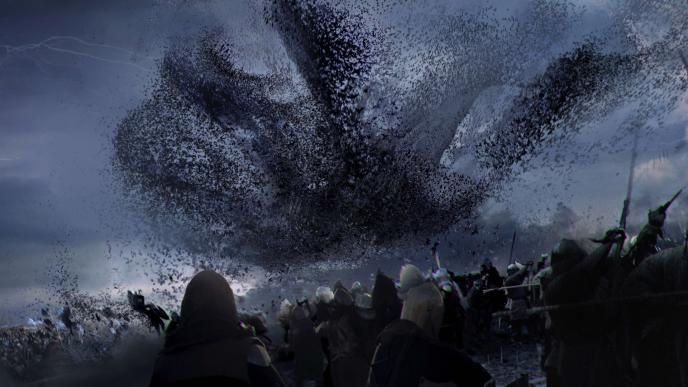 bats and petroleum-like subtance hovering over a battle field