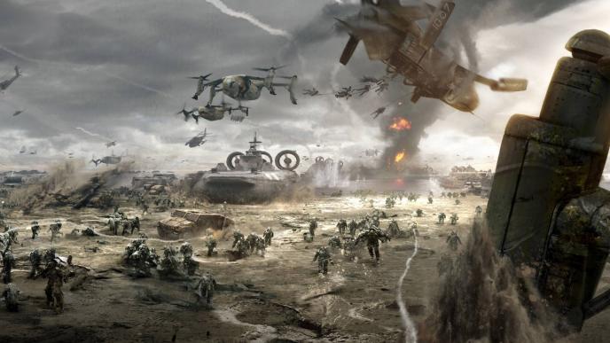 a battlefield full of hundreds of soldiers and military vehicles with tens of helicopters and war planes flying above