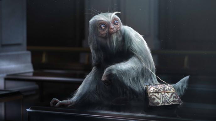 concept art of a demiguise creature that has long fine silky silvery hair. it resembles a sloth