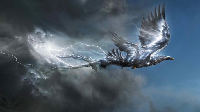 side view of a thunbird soaring through the sky with its three pairs of wings creating a thunder storm behind it