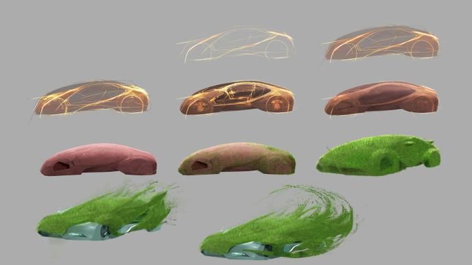 progress sketch storyboard of a car transforming into clay and greenery